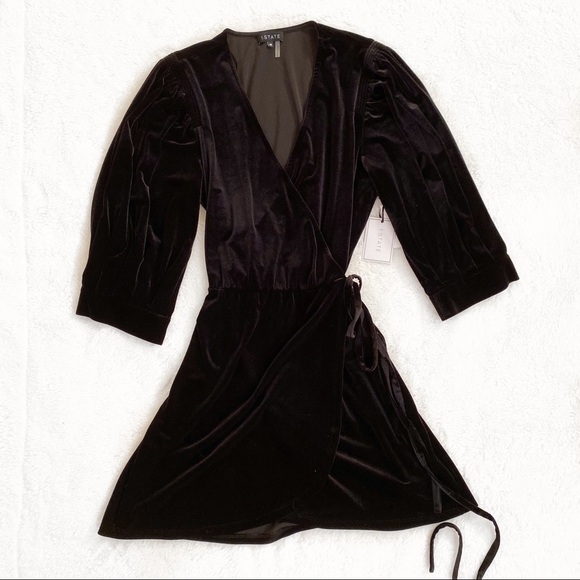 1. State Black Velvet Wrap V neck Dress - Picture 3 of 5